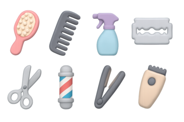 Colorful 3d hairdressing tools collection on metallic background
