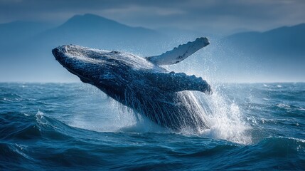 Fototapeta premium Majestic Humpback Whale Breaching in Open Ocean Waters: A Display of Marine Power and Beauty