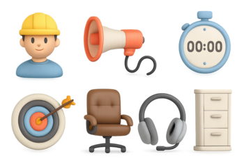 3d cartoon style work and office icons collection