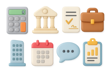 Finance and business management icons in 3d icon style with soft colors