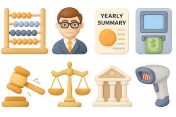 Business finance icons in soft 3d style featuring professional and legal symbols