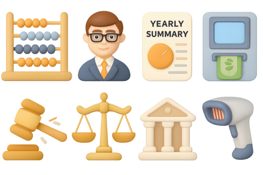 Business finance icons in soft 3d style featuring professional and legal symbols