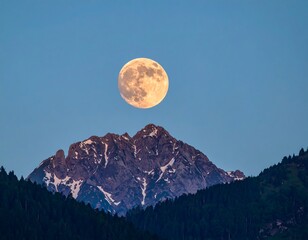Full moon rising over snow-capped mountains at dusk