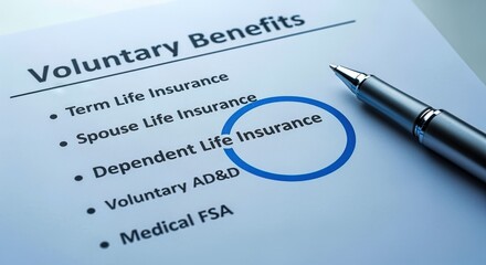 Voluntary Benefits Form with Pen Highlighting Spouse Life Insurance Option for Employee Enrollment