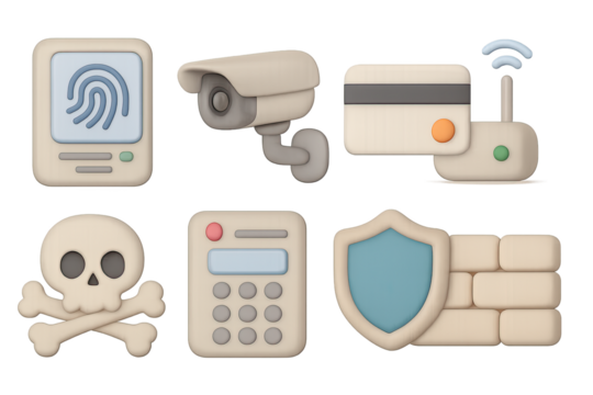 Security and privacy icons featuring skull, cctv, and fingerprint in soft 3d style