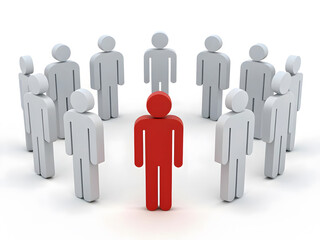 Red figure standing out from circle of white figures