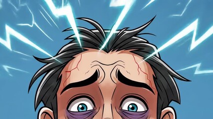 Cartoon Man Experiencing Intense Head Pain and Electric Shock