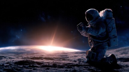 Obraz premium Astronaut kneeling on the lunar surface during sunrise, gazing at Earth in the background, serene moment