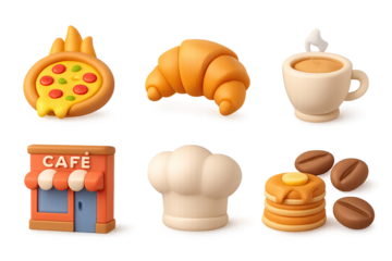 Cartoon-style cafe icons featuring food and drinks with cozy vibes