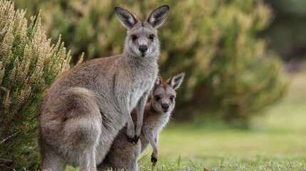 Fototapeta premium Kangaroo Mother with Joey in Pouch, Wildlife Portrait in Natural Australian Habitat