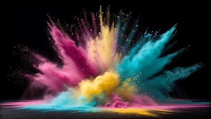 Vibrant Explosion of Colorful Powder on Black Backdrop Creates Dynamic Abstract Art Photography for Creative Projects