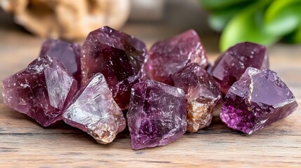 Raw amethyst crystal chunks with deep purple hues and natural formations on rustic wooden surface, displaying mineral's rough texture and translucent qualities.