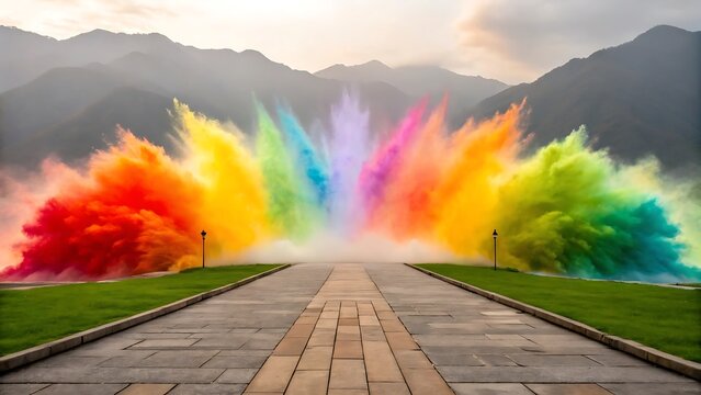 Vibrant Rainbow Smoke Explosion over Path in Majestic Mountain Landscape Spectacular Display of Color and Motion Creating an Unforgettable Visual Experience