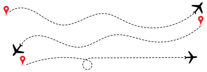 Minimalist black airplane with dotted flight path leading to destination pin. Perfect for travel, aviation, journey, and logistics design concepts. Airplane flight route with start and end destination