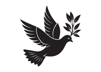 Dove of Peace with Olive Branch Silhouette Vector Isolated on White Background.