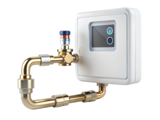 Modern water heater control unit with brass pipes and valve, isolated on transparent background