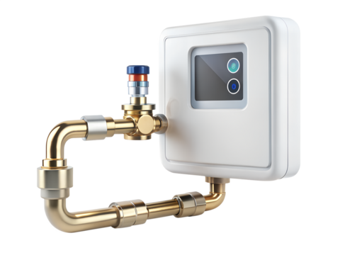 Modern water heater control unit with brass pipes and valve, isolated on transparent background