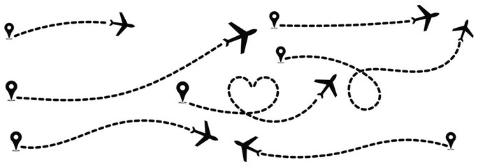 Airplane routes set.Plane route line.Planes dotted flight pathway.Plane paths. Aircraft tracking, planes, travel map pins location pins. Romantic travel, heart dashed line trace and plane routes eps10