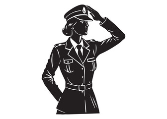 Silhouette of Female Soldier Saluting Vector Illustration on White Background.