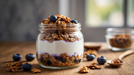 A transparent jar holds layers of granola, Greek yogurt, and fresh blueberries, promoting a healthy snack option