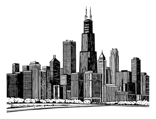 Chicago Illinois Skyline Cityscape Iconic Urban Buildings Landscape Black and White Outline Line Art Drawing