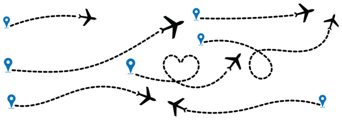 Airplane routes set.Plane route line.Planes dotted flight pathway.Plane paths. Aircraft tracking, planes, travel map pins location pins. Romantic travel, heart dashed line trace and plane routes eps10