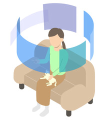 空中に映ったスクリーンでインターネットをする女性