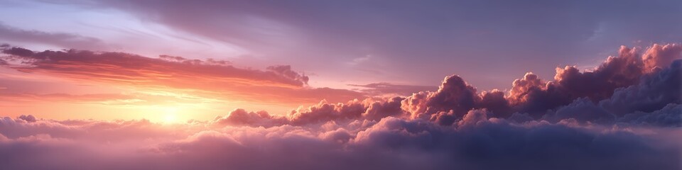 Obraz premium Beautiful cloudscape during sunset over the horizon as sun illuminates the fluffy clouds. Aerial view of celestial sky.