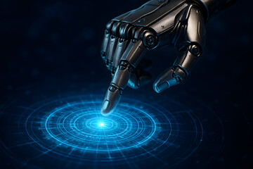 Robot hand touching glowing blue digital interface