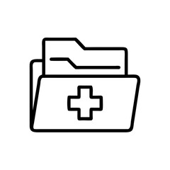 Obraz premium Minimalist black outline vector icon of a computer file folder with a medical cross symbol, representing digital health records, medical files, and patient data, isolated on a transparent background