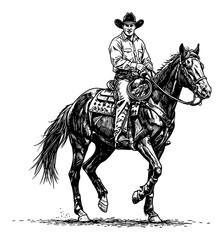 Obraz premium Detailed Cowboy Riding Horse in Vintage Black and White Outline Line Art Drawing Western Style