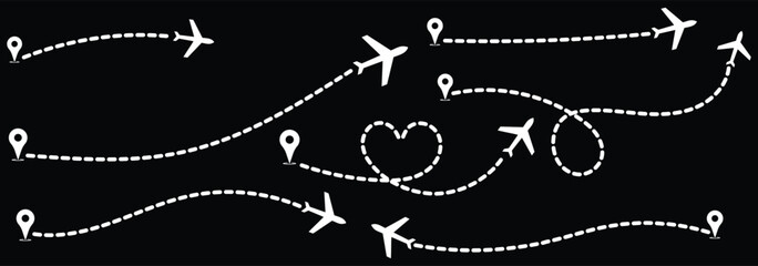 Airplane routes set.Plane route line.Planes dotted flight pathway.Plane paths. Aircraft tracking, planes, travel map pins location pins. Romantic travel, heart dashed line trace and plane routes eps10 © Hike Studio 786