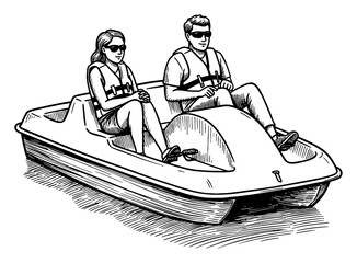 Couple in a pedal boat wearing life jackets and sunglasses enjoying recreation Black and White Outline Line Art Drawing