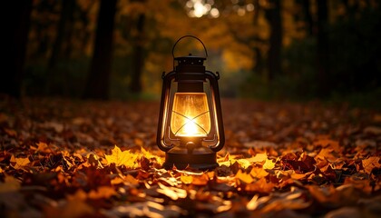 Glowing lantern sits amidst autumn leaves on a forest path at dusk
