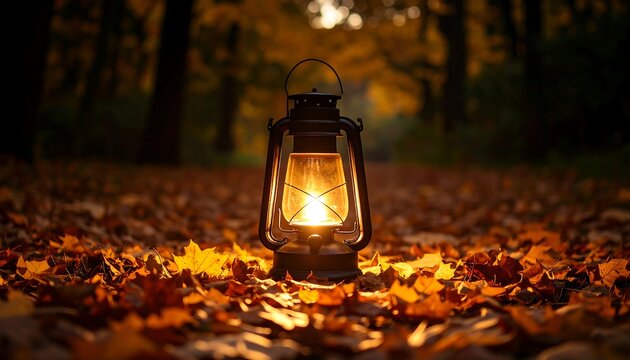 Glowing lantern sits amidst autumn leaves on a forest path at dusk