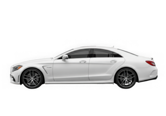 Side profile of a sleek white luxury sedan with black rims on a black background