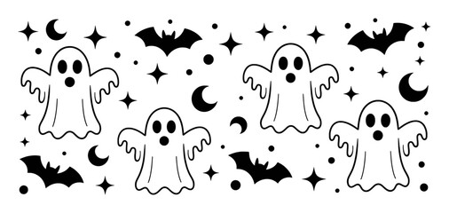 Cute ghost bats moons stars and dots halloween graphic design vector