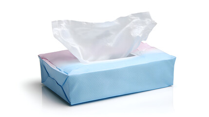 Soft facial tissues in a pastel blue box a few tissues pulled out for use