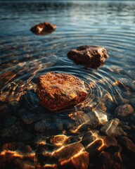 Clear water ripples around rocks