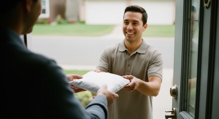 Friendly courier delivering package to customer at home