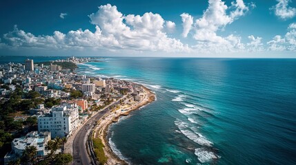 Aerial View of Havana, Cuba Coastline Featuring Turquoise Waters and Cityscape Under a Dramatic Sky
