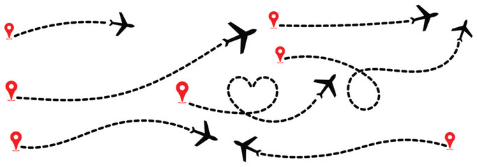 Airplane routes set.Plane route line.Planes dotted flight pathway.Plane paths. Aircraft tracking, planes, travel map pins location pins. Romantic travel, heart dashed line trace and plane routes eps10