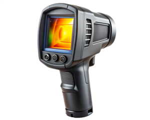 Handheld thermal imaging camera with screen showing heat signature isolated on transparent background