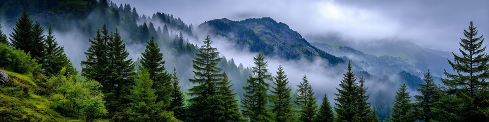 Evergreen forest trees with fog and mist rolling over mountains and hills. Nature landscape scene backdrop. Environmental concept with copy space.