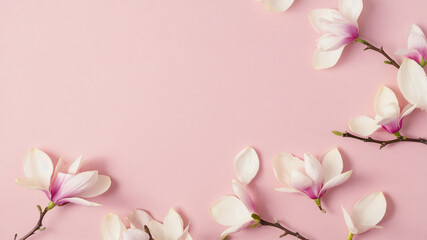 Abstract arrangement of magnolia petals in a spiral over pastel background, minimal clean botanical design