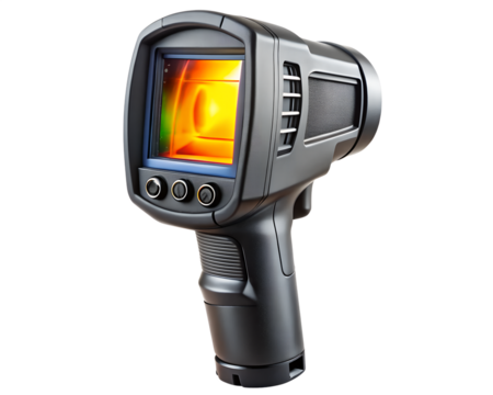 Handheld thermal imaging camera with screen showing heat signature isolated on transparent background