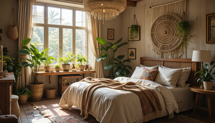 Bright bedroom with plants, woven chandelier, and macrame wall hanging art