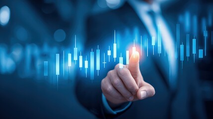 Financial Analyst Touching Holographic Stock Chart Display, Illustrating Market Analysis and Investment Strategy for Growth