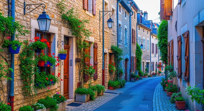 Charming European Street Scene with Colorful Flowers, Cobblestone Road, and Historic Architecture, Perfect for Travel and Tourism