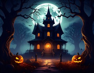 Haunted mansion under a full moon